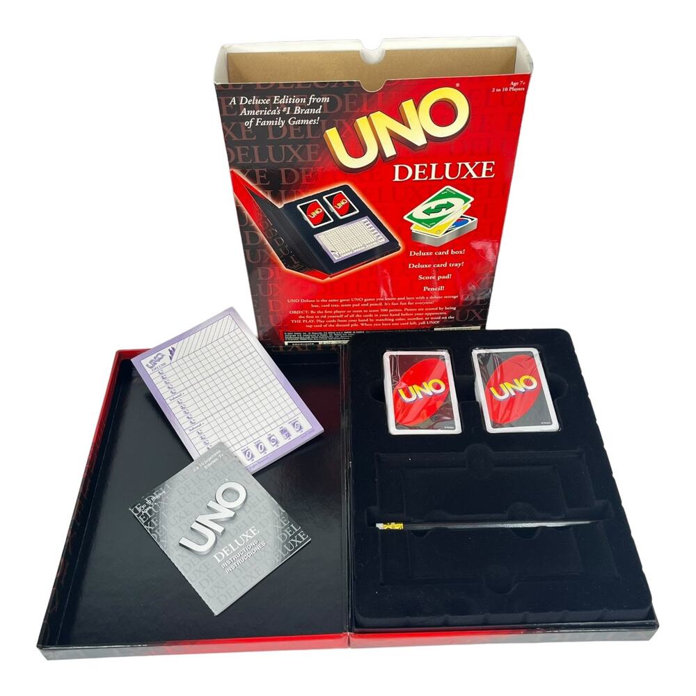 Uno Deluxe Card Game Mattel 2001 Cards Scorepad Pencil & Instructions New Box